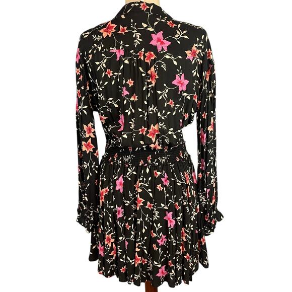 Free People Lighten Up Floral Long Sleeve Collared Black Pink Mini Dress Medium - Picture 9 of 10